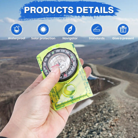 Hand holding Trail Ready Outdoor Compass with adjustable declination magnifier, ruler, and map reading scale, for hiking