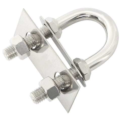 Angled view of stainless steel bow/stern eye U-bolt with mounting plate, nuts and washers.