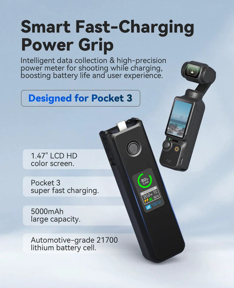 Pocket 4 By 3 Battery Grip With 20W Fast Charging For DJI Pocket 3 Xtra Muse, featuring LCD display and real-time power metrics.