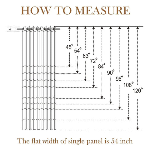 Measurement guide for curtain length from 45 to 120 inches, showing width of 54 inches per panel.
