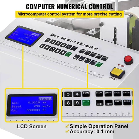 Close-up of the digital control panel of the Automatic Heat Shrink Tube Cutting Machine With Digital Display, showing LCD and buttons.