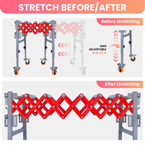 Before and after image showing Heavy Duty Expandable Conveyor Roller With 600 Lbs Capacity and Portable Flexible design.