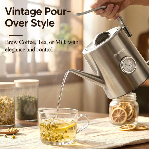 Gooseneck Electric Kettle With Thermometer, 1 Liter, 304 Stainless Steel, Auto Shut Off, 1200W For Barista-Grade Pour Over Coffee And Tea At Home, Office, Or Cafe, Chrome Finish For Everyday Use pouring tea into glass cup.