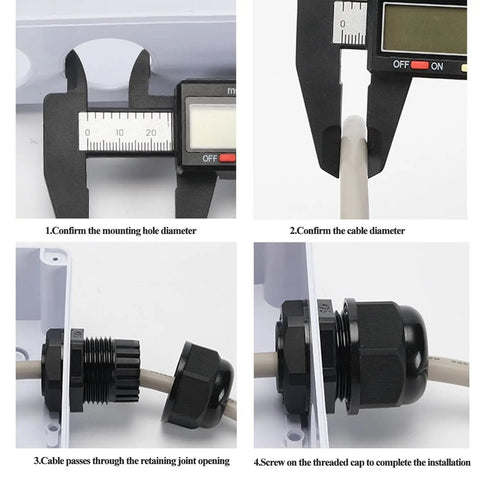 Installation steps of 20 Piece Waterproof Cable Glands Set With NPT Threads, showing measurement and securing process in four images.