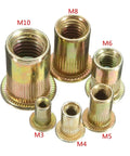 All In One M3 To M12 Flat Head Threaded Rivet Nut Set Pack 10 To 50 Pieces With Cover Flush Mount For Blind Fastening Displayed