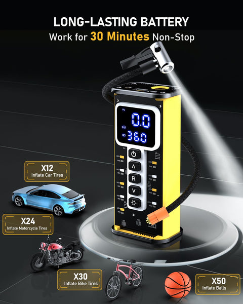 Go-To Portable Tire Inflator With Gauge 150 PSI, Easy On-The-Go Air Compressor displayed with digital screen and accessories