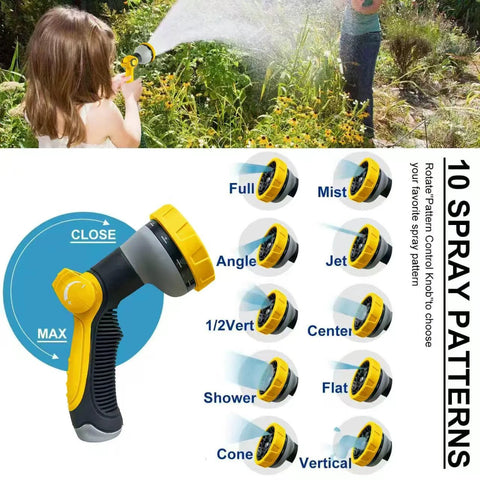 High QUA non-expanding garden hose, 100 ft fabric-hybrid with yellow brass connectors and adjustable jet nozzle.