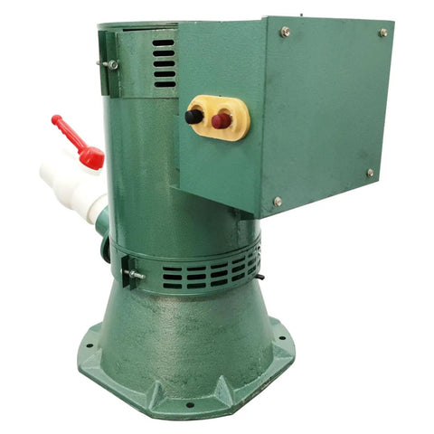 Side view of 5 kW Hydroelectric Generator For Off Grid Power 220 Volt 60 Hz Single Phase Water Turbine with green casing.