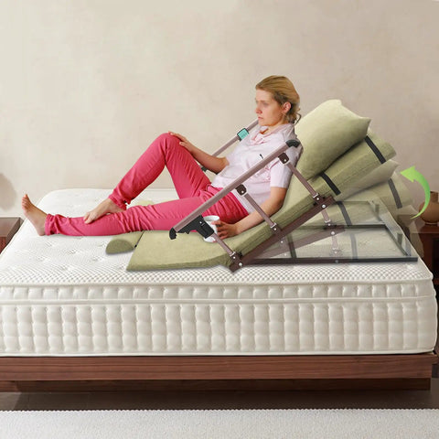 Electric Bed Backrest Lift Delivers 660 Lb Capacity With Remote Control For 2 To 80 Degree Power Adjustment, woman reclining comfortably on adjustable backrest.