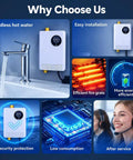 110V 3000W Tankless Electric Water Heater Keeps Things Zero Drama With Instant Hot Water Under Sink Smooth Digital Display On Demand Compact Heater in use with faucet and display.