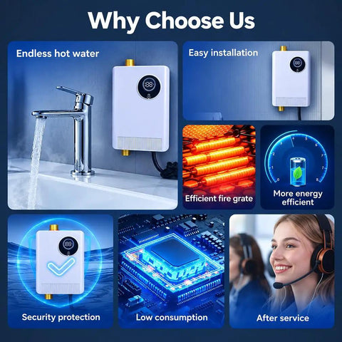 110V 3000W Tankless Electric Water Heater Keeps Things Zero Drama With Instant Hot Water Under Sink Smooth Digital Display On Demand Compact Heater in use with faucet and display.