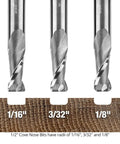 Top Shelf 1/2 Inch Shank Solid Carbide Spiral Cove Nose Router Bit Set Featuring 1/16 3/32 And 1/8 Corner Radius Bits displayed on wood.