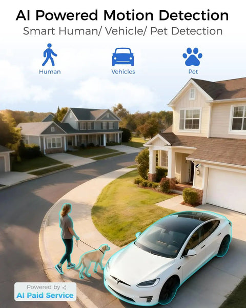 Solar Wireless Outdoor Security Camera Kit For Home, AI motion detection of human, vehicle, and pet on suburban street