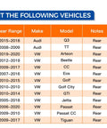 Chart showing fitment for Rear Wheel Hub Bearing Assembly 512319 With ABS Sensor for Audi Q3, TT, VW Beetle, CC, Eos, Golf, GTI, Jetta, Passat, Tiguan, Arteon.