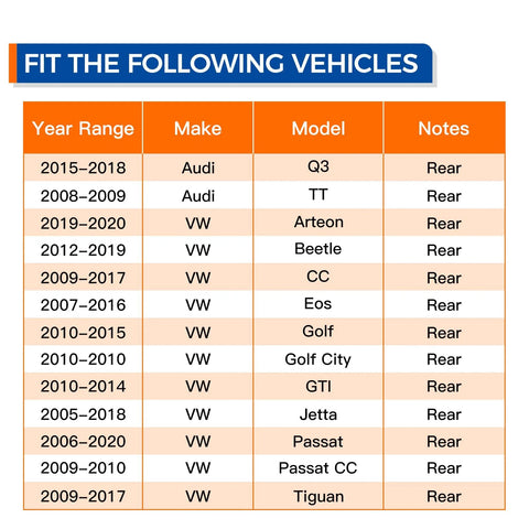 Chart showing fitment for Rear Wheel Hub Bearing Assembly 512319 With ABS Sensor for Audi Q3, TT, VW Beetle, CC, Eos, Golf, GTI, Jetta, Passat, Tiguan, Arteon.