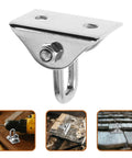 Heavy Duty Stainless Steel Hanging Hook with 360° Rotation for Punching Bags and Hammock Chairs, shown with drill and installation