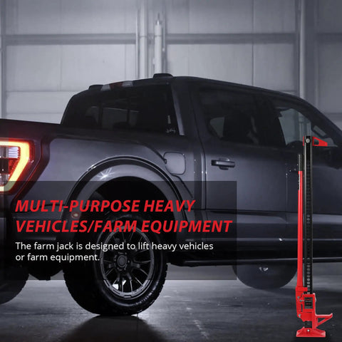 High Lift Recovery Jack 33 Inch 3.5 Ton Heavy Duty Off Road Farm Lifting Equipment by truck in garage setting.