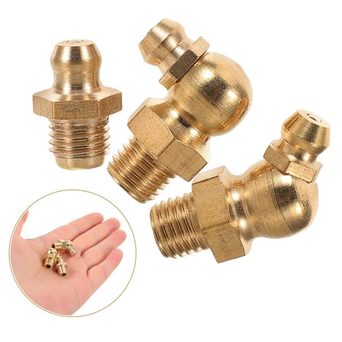 9 Piece Grease Fitting Assortment Kit with Copper Nipples for Cars and Trailers showing straight and angled designs.
