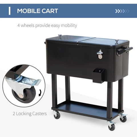 80 Quart Rolling Ice Chest Cooler On Wheels For Party Ready Backyard Grills Poolside Gatherings Stand Up Drink Cart With Locking Wheels Easy Mobility Ample Ice Capacity Black with visible locking casters and mobile cart design.