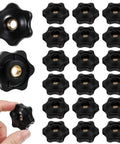 Heavy Duty Quarter Twenty Knobs 20 Pack Black Star Thumb Screws With Grippy Non Slip Handles shown from various angles.