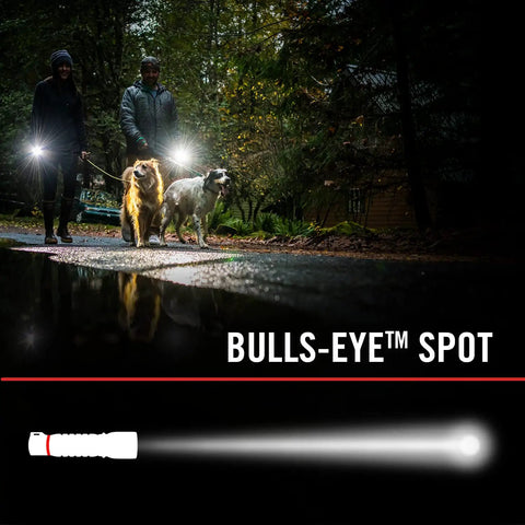 People walking dogs at night using G26 415 Lumen Bulls Eye Spot Beam LED Flashlight With Batteries Included, showing focused beam and halo.