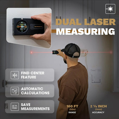Dual Laser Distance Meter With Two Axis Smart Digital Level And Stud Finder Sennses Pro Portable Measuring Tool For Home Renovations Area And Volume Calculations Metric And Imperial IP54 Dust And Water Resistant App For iOS And Android, handheld wall measuring