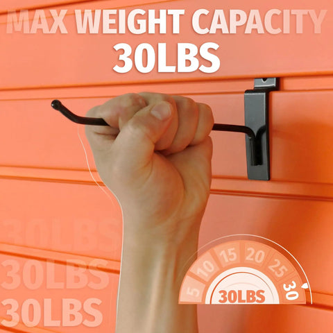 Heavy Duty 10 Inch Slatwall Hooks 32 Pack With 30 Lb Capacity For Garage Tools And Retail Displays Anti Rust Powder Coated Steel With Non Slip Rubber Tips And Secure 15 Degree Tilt