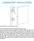 Installation guide for Commercial Grade Double Action Swing Door Hinges with Auto Close, showing hinge attachment steps.