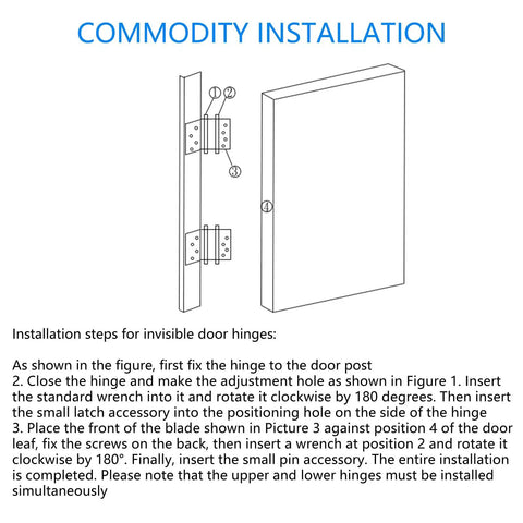 Installation guide for Commercial Grade Double Action Swing Door Hinges with Auto Close, showing hinge attachment steps.