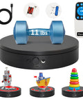 Foxvee Remote Control Electric Turntable Display Stand 360 Degree Silent Spinning Platform showcasing 11 lbs weight with toys.