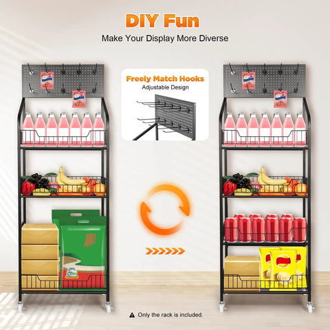 Heavy Duty Four Tier Mesh Display Rack With Ten Secure Hooks Mobile Snack Organizer Cart Featuring Smooth Gliding Locking Casters Straight Up Game Changing Storage