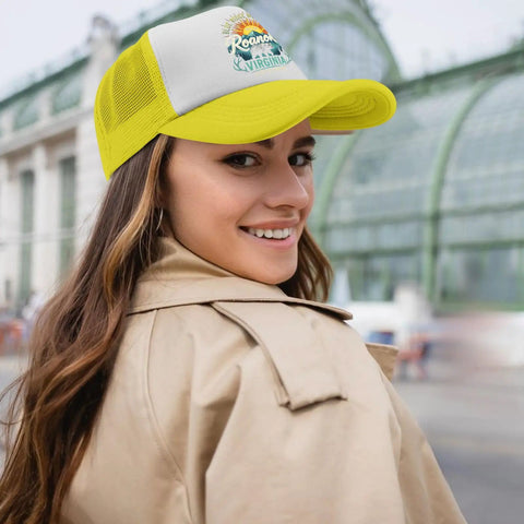 Woman wearing yellow breathable cap for men with adjustable buckle, all season comfort hat for everyday wear, lightweight cool style.