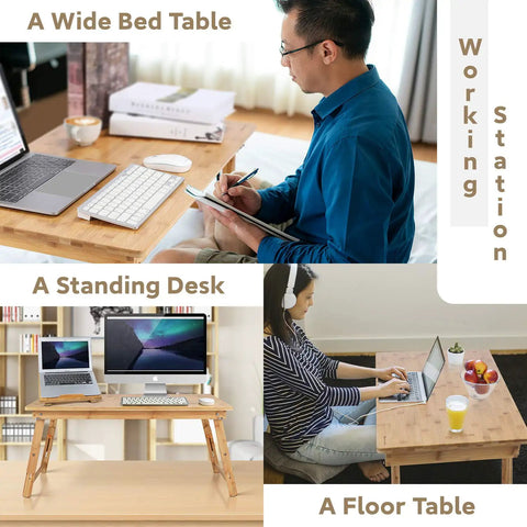 Big Floor Desk Tray With Folding Legs, Adjustable Low Coffee Table For Breakfast, multi-use setup with people working.
