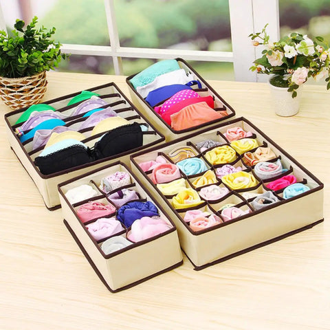 4-Pack Non-Woven Bra Storage Boxes To Sort Your Drawer Drama And Keep Socks Ties Scarves Intact While Absorbing Moisture And Odor So Your Lingerie Game Stays Strong And Your Closet Always Looks Fresh, displaying organized lingerie.