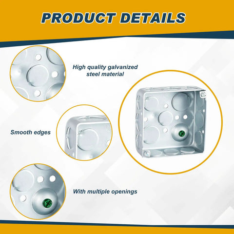 12 Pack 4x4 Inch Metal Electrical Junction Boxes Deep Square Silver Galvanized Steel Drawn Construction 21 Cu In Capacity For Wiring Conduit And Electrical Projects Diy Ready Heavy Duty Box Set, close-up