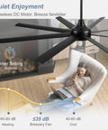 65 Inch Ceiling Fan With Remote Control No Light Black DC Motor Ultra Quiet 8 Reversible Blades for Indoor Use in Modern Living Room