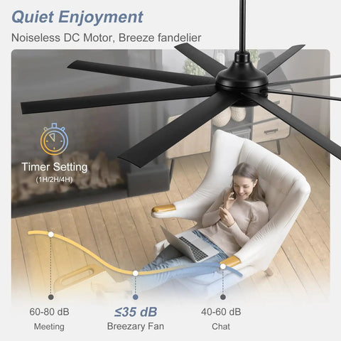 65 Inch Ceiling Fan With Remote Control No Light Black DC Motor Ultra Quiet 8 Reversible Blades for Indoor Use in Modern Living Room
