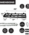 Drag Harrow Driveway Grader Attachment dimensions and components, 4 ft heavy gauge welded steel, black powder-coated, ATV UTV compatible.