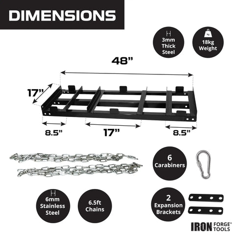 Drag Harrow Driveway Grader Attachment dimensions and components, 4 ft heavy gauge welded steel, black powder-coated, ATV UTV compatible.