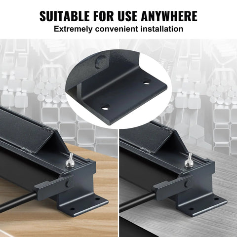 VEVOR 36-inch box-and-pan brake; front/side/close-up views; portable steel bender with mounting base, black finish