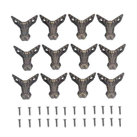 Rustproof Premium Alloy Wood Case Legs With Screws 12 Pack for Jewelry Boxes and Small Furniture laid out with screws