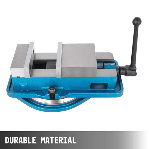 6 Inch Heavy Duty Milling Vise with 360 Degree Swivel Base for Metalworking, iron build, showing side angle and clamping mechanism.