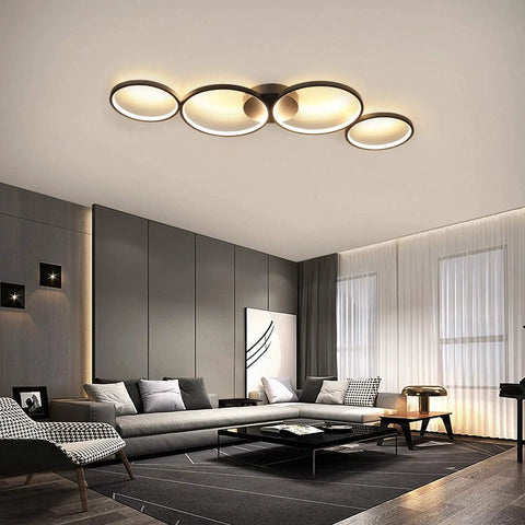 Modern Black Flush Mount LED Ceiling Light 30W 3000K Warm White 89cm Round Four Ring Fixture in stylish living room