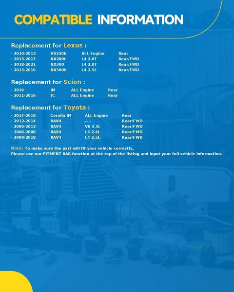 Compatible information chart for rear wheel hub bearing assembly listing Lexus, Scion, Toyota models and years.