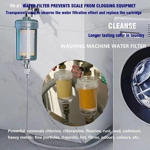 2 Micron High Flow Washer Water Filter System with visible chamber, shown attached to washing machine, for cleaner laundry