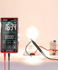 Digital Multimeter Tester With Smart Touch TRMS Auto Ranging 9999 Counts measuring voltage with light bulb setup