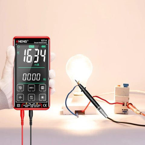 Digital Multimeter Tester With Smart Touch TRMS Auto Ranging 9999 Counts measuring voltage with light bulb setup