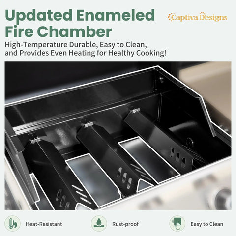 Propane Gas Griddle Grill Combo With Porcelain Enamel Cast Iron Grates And Cast Iron Pan, fire chamber detail