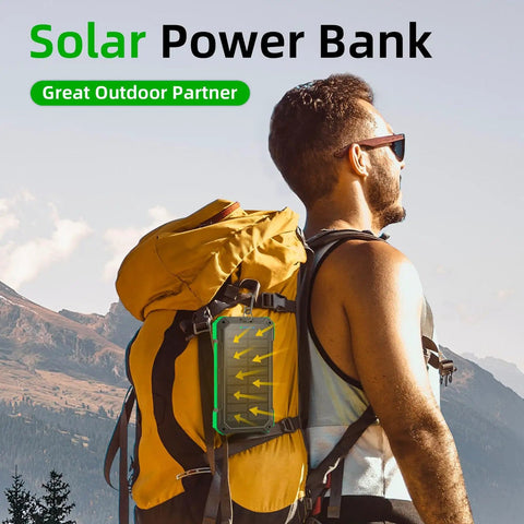 Hiker with a yellow backpack featuring Beast 49800mAh Solar Power Bank With Wireless Charging 22W Fast Charge attached outdoors.