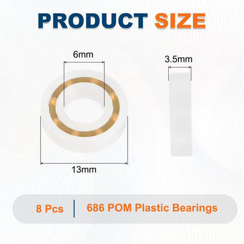8 Pack 686 POM Plastic Bearings Set Deep Groove Ball Bearings 6 mm Inner Diameter 13 mm Outer Diameter 3.5 mm Thick With Glass Balls And Nylon Cage For Dope, Smooth Motion In Hobby RC And Small Machinery product measurements